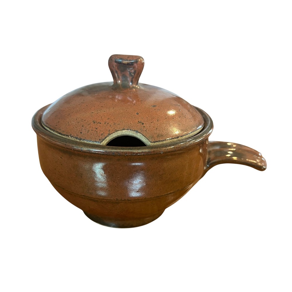 JC Townley Signed Studio Pottery Lidded Sugar Bowl Jam Jar Brown Glazed Handle